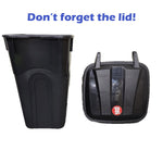 Two views of a black plastic trash can and its detached lid shown side-by-side with text reminding to keep lid.