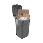 Black Hyper Tough wheeled trash can with open lid filled with flattened cardboard and mixed papers, studio shot.
