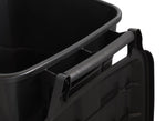 Close-up of the top rear handle and hinge area of a black Hyper Tough plastic trash can with the lid raised.