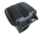 Top-down view of a black plastic trash can lid and rear handle assembly, showing lid ribs and handle.