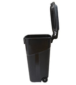 Black wheeled trash can photographed from the side with the hinged lid open, on a white background.