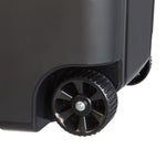 Close-up of the wheel assembly on a black Hyper Tough wheeled trash can, showing plastic wheel and axle detail.
