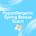 Blue background graphic reading “Hypoallergenic Spring Breeze Scent” with a small white flower accent