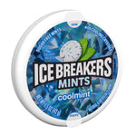 Angled view of an Ice Breakers Mints coolmint round plastic puck showing branded label and mint graphic