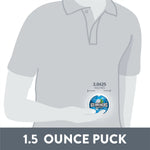 Illustration showing a person holding an Ice Breakers coolmint puck with a measurement callout and “1.5 ounce puck” label
