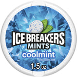 Top-down close-up of an Ice Breakers Mints coolmint puck label with blue crystal background and 1.5 oz text
