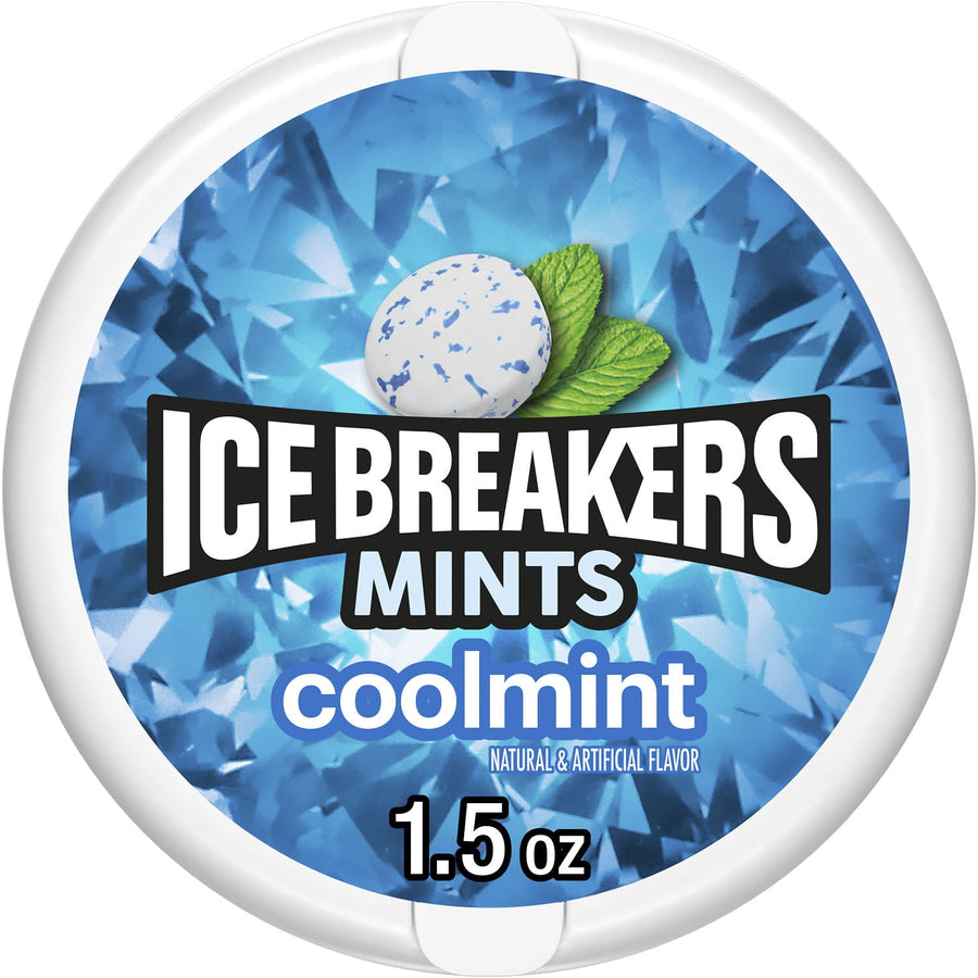 Top-down close-up of an Ice Breakers Mints coolmint puck label with blue crystal background and 1.5 oz text