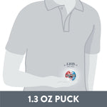 Graphic silhouette showing hand holding an Ice Breakers Duo 1.3 oz puck with dimension marker and product label visible