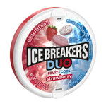 Angled view of an Ice Breakers Duo strawberry tin showing brand logo, fruit imagery and flip lid with red and blue background