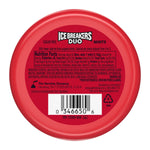 Rear view of an Ice Breakers Duo mint tin showing nutrition facts, ingredients panel, barcode and company information