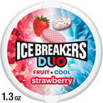 Top-down close-up of an Ice Breakers Duo Fruit + Cool strawberry mint tin with colorful red and blue label