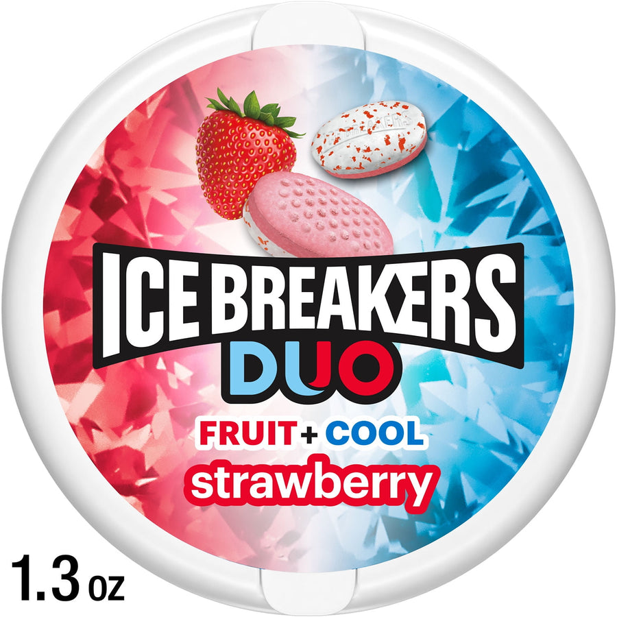 Top-down close-up of an Ice Breakers Duo Fruit + Cool strawberry mint tin with colorful red and blue label