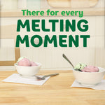 Two bowls of ice cream on napkins on a wooden table with large 'Melting Moment' text above
