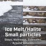 Split photographic graphic showing salted walkway and snowy steps with text describing ice melt/halite small particles.