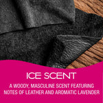 Close-up textured leather and wood background with magenta panel reading 'Ice Scent' and a short scent description.