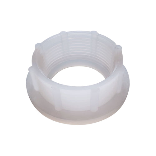 White plastic raised spin fitting with internal threads, photographed on white background