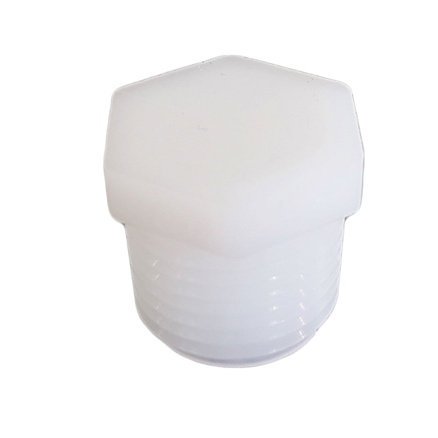 Icon hex-head white nylon threaded pipe plug with visible male threads, top hexagonal shape