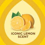 Illustration of whole and sliced lemons with leaves inside a yellow teardrop shape and text 'ICONIC LEMON SCENT'