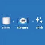 Row of small icons on blue background showing a toilet paper roll, a flushable wipes pack, and sparkles