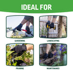 'IDEAL FOR' infographic with four photos of Expert Gardener gloves in use: gardening, landscaping, pruning, and maintenance