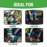 Grid of four lifestyle photos showing a child wearing teal-and-tan gloves for gardening, landscaping, tool handling, and lawn care labeled 'Ideal For'.