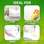 Graphic grid of four household uses for the cleaner showing tubs, shower walls and doors, sinks, and countertops with product photos.