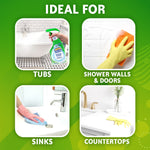 Four-panel graphic showing tubs, shower walls, sinks, and countertops as ideal uses for the cleaner