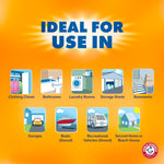 Illustrated use-case icons on an orange background showing ideal locations like closets, bathrooms, garages and boats