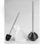 Disassembled white holder with stainless handles, black rubber plunger cup and brush head on gray background