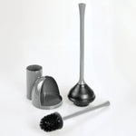 Disassembled iDesign gray toilet brush and plunger set displayed with holder pieces on white surface