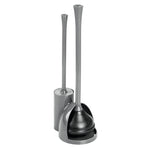 iDesign compact gray toilet plunger and brush set with matching holder on white background