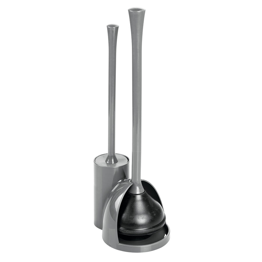 iDesign compact gray toilet plunger and brush set with matching holder on white background