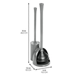 iDesign compact toilet plunger and brush set with dimensional arrows showing height and footprint measurements