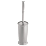 Studio photo of a silver toilet brush standing inside its matching cylindrical holder on a white background.