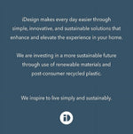 Brand message on blue background describing iDesign's sustainable materials and recycled plastic commitment