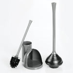iDesign gray toilet brush and plunger set with brush placed separately and holder components arranged on white background