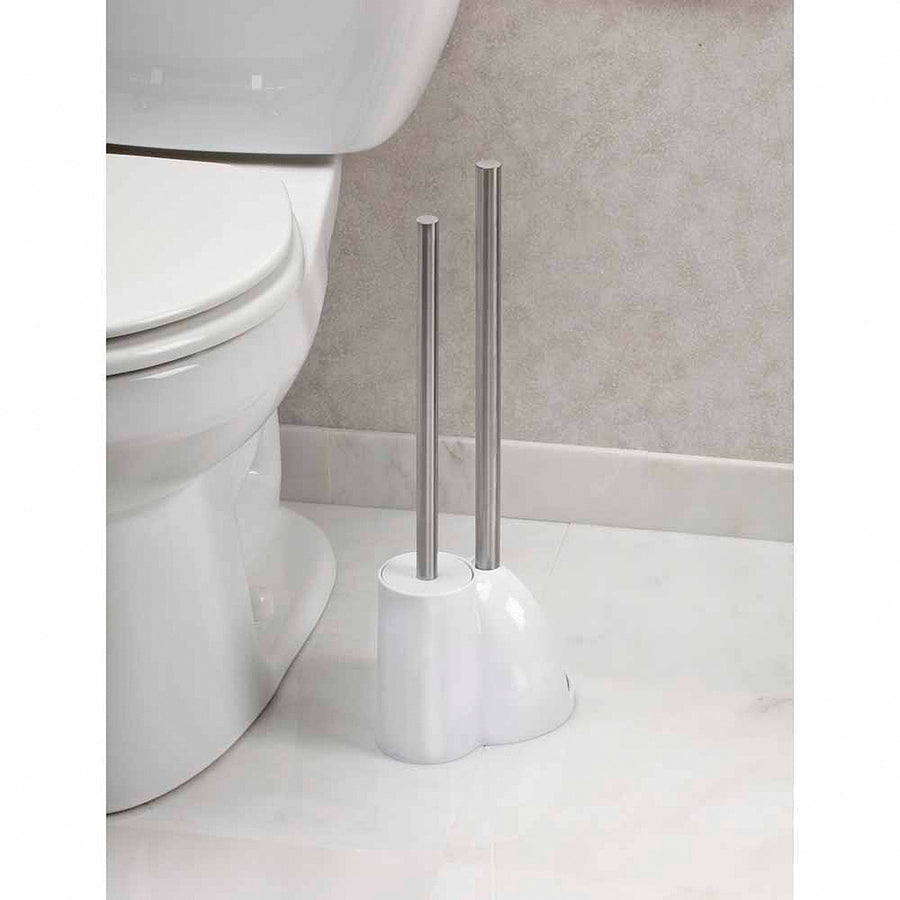 White dual holder with stainless steel-handled toilet brush and plunger beside a toilet