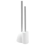 White molded holder with two stainless steel poles for toilet brush and plunger on white background