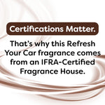 Certification statement graphic explaining the fragrance comes from an IFRA-certified fragrance house on swirled background