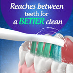 Illustrated toothbrush head brushing teeth with copy ‘Reaches between teeth for a BETTER clean’ on blue background