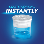 Illustration of the DampRid container filling with blue liquid under text that reads “Starts Working Instantly”