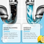 Illustrated split pipe showing clogged dark debris on one side and clear flowing water on the other with descriptive text panels.