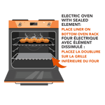Illustration of an oven with an arrow showing placement of a liner on the bottom rack and bilingual instructions.