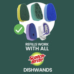 Illustration showing multiple dishwand refill head styles above text 'REFILLS WORK WITH ALL' and the Scotch-Brite logo on dark green.