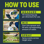 Instructional graphic titled "How to Use" with photos demonstrating measuring, mixing, and spraying the product