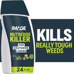 Close-up graphic of an IMAGE Nutsedge Killer bottle label reading "Kills really tough weeds" with 24 fl oz callout