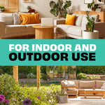 Split lifestyle image showing a cozy indoor living room and an outdoor patio with text stating for indoor and outdoor use