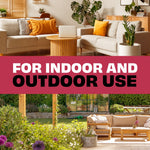 Split lifestyle image showing a cozy living room above and outdoor patio below with bold text 'For Indoor And Outdoor Use'