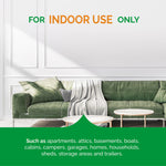 Staged living room scene with text 'For INDOOR USE ONLY' above a green sofa and coffee tables