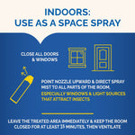 Indoors usage graphic showing nozzle icon, door and window outlines with instructions to close doors and ventilate after spraying